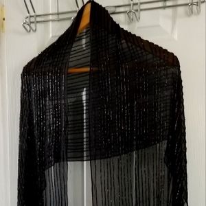 NWT Beaded 100%-Silk Cejon Black Sheer Evening Scarf Wrap
